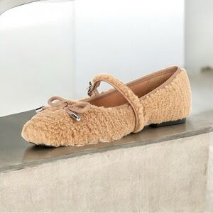 Gianni Bini Tan JOSIE TWO Faux Shearling Mary Jane Ballerina Flats with Bow